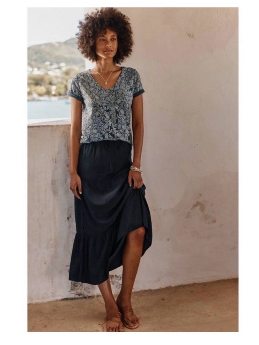 J. Jill Navy Tiered Midi Skirt